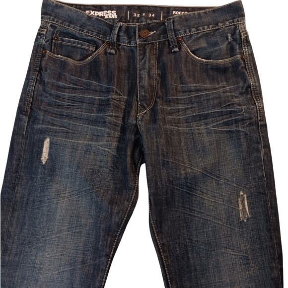 Express Jeans Rocco Mens 33X34 Dark Wash Slim Boot Cut Distressed Street - Picture 4 of 16